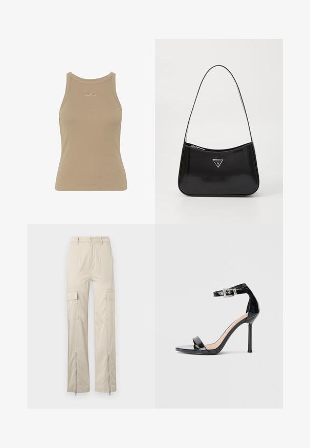 Beige ribbet t-shirt med rund halsudskæring, ærmeløs design og et lille præget logo midt foran. Blød stoftekstur.; Beige cargo bukser med en afslappet pasform, der har sidelommer, lynlåsbunde og en glat tekstur. Stoffet er let og slidstærkt.; Sort højhælet sandal i laklæder med ankelrem. Har minimalistisk design, åben tå og spænde med rhinsten-detaljer.; Sort patenteret læder skuldertaske med en buet form, prydet med et sølvfarvet trekantet logo og en lynlås-lukning. Glat tekstur og slank rem.