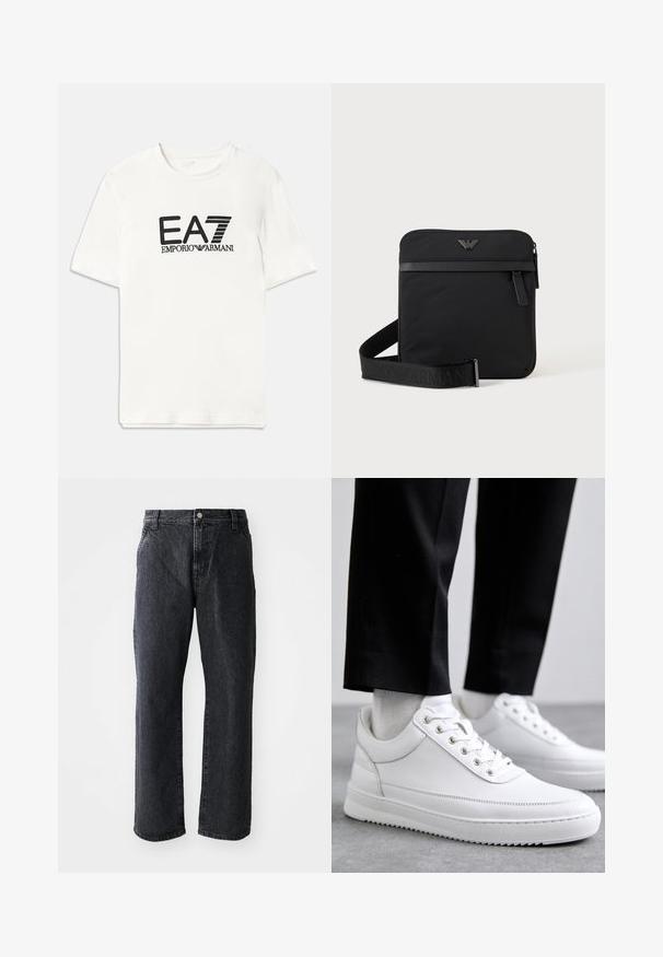 Valge puuvillane t-särk, millel on must EA7 logo ja tekst "EMPORIO ARMANI". Lühikesed varrukad, ümmargune kaelus, regulaarne lõige, sile tekstuur.; Mustad teksad sirge lõikega, nööbiga kinnitamine, viis taskut ja peen tekstuur. Klassikaline disain ilma silmatorkavate mustriteta.; Valged nahast tennisetossud, millel on lame kummist tallapool, sile viimistlus, ümar varvas ja metallist silmadega paelte jaoks. Kantud mustade pükstega.; Must ruudukujuline õlakott tõmblukuga, esitasku ja reguleeritava rihmaga, millel on reljeefne kaubamärgi nimi.