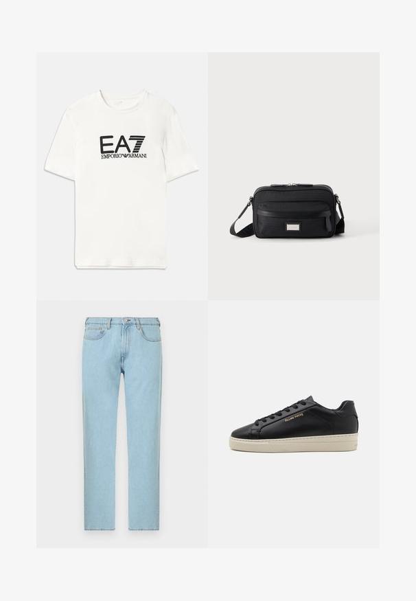 Camiseta blanca de algodón con un logo negro de EA7 y el texto "EMPORIO ARMANI". Mangas cortas, cuello redondo, corte regular, textura suave.; Jeans de mezclilla azul claro de pierna recta con cierre frontal de botones y cremallera, bolsillos delanteros y traseros, exhibidos sobre fondo blanco.; Zapatilla de cuero negra con un acabado suave, suela crema en contraste, puntera redonda, logo dorado en el lateral y seis ojales para los cordones.; Bolso bandolera rectangular negro con bolsillo frontal con cremallera, correa ajustable y placa de logo rectangular plateada sobre fondo liso.