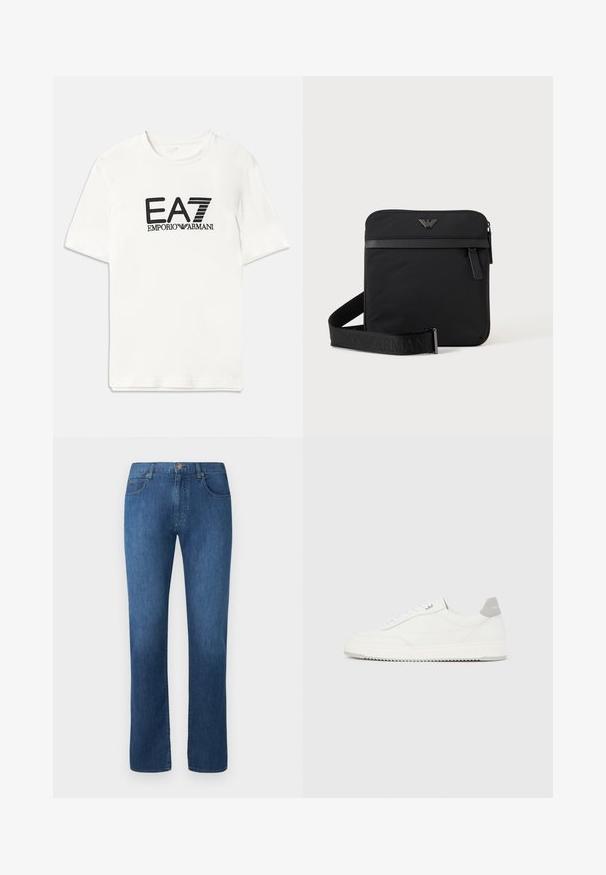 Biele bavlnené tričko s čiernym logom EA7 a textom "EMPORIO ARMANI". Krátke rukávy, oválny výstrih, bežný strih, hladká textúra.; Tmavomodré džínsy s rovnými nohavicami, piatimi vreckami a predným zapínaním na gombík. Hladká textúra a klasické švy.; Biela nízka teniska so sivým pätovým pásikom, bielymi šnúrkami a členitou podrážkou, zobrazená na jednoduchom svetlom pozadí.; Čierna štvorcová kabelka cez rameno so zipsom, predným vreckom a nastaviteľným popruhom s vyrazeným názvom značky.
