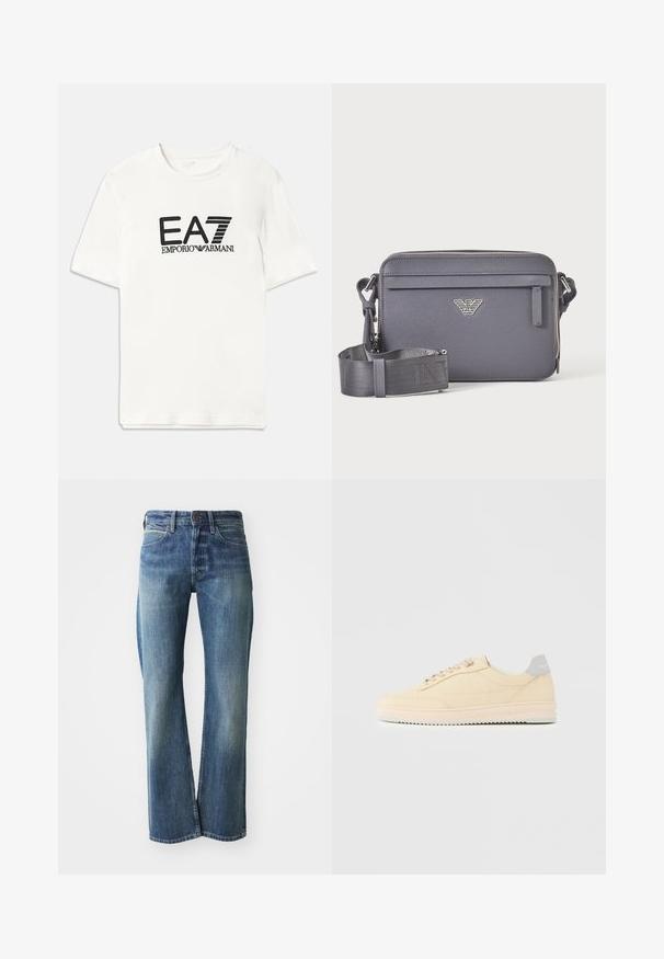 Biele bavlnené tričko s čiernym logom EA7 a textom "EMPORIO ARMANI". Krátke rukávy, oválny výstrih, bežný strih, hladká textúra.; Džínsy z denimu v svetlom až strednom modrom odtieni, s rovnými nohavicami, klasickým päť-pocket dizajnom a jemným vyblednutím vpredu.; Béžová teniska s nízkym strihom, s predným zaväzovaním na šnúrky, svetloružovou podrážkou a sivým pätovým pásikom s logom „Filling Pieces“, zobrazená z profilu na jednoduchom pozadí.; Tmavosivá obdĺžniková crossbody taška s nastaviteľným popruhom, predným vreckom na zips a strieborným logom.