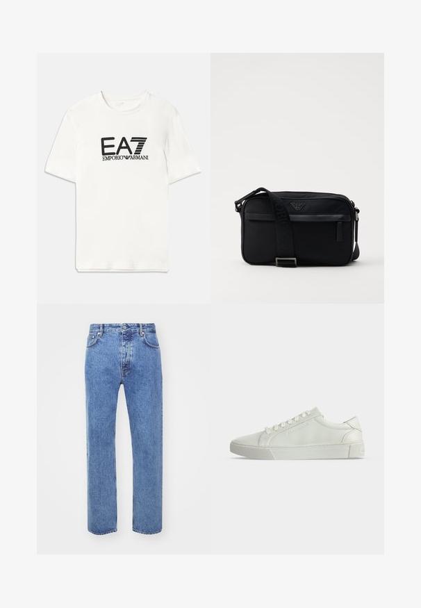 Weißes Baumwoll-T-Shirt mit schwarzem EA7-Logo und dem Text "EMPORIO ARMANI". Kurze Ärmel, Rundhalsausschnitt, normale Passform, glatte Textur.; Won Hundred STEVE - Jeans Relaxed Fit - cut blue; Weißer Low-Top Ledersneaker mit weißen Schnürsenkeln und einer strukturierten Gummisohle, seitlich vor einem einfarbigen Hintergrund gezeigt.; Schwarze Nylon-Schultertasche mit einem kontrastierenden Riemen, schlanker rechteckiger Form, Logo-Detail und einer Reißverschlusstasche auf der Vorderseite.
