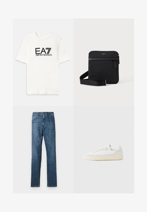 Weißes Baumwoll-T-Shirt mit schwarzem EA7-Logo und dem Text "EMPORIO ARMANI". Kurze Ärmel, Rundhalsausschnitt, normale Passform, glatte Textur.; Dunkelblaue Denim-Jeans, gerades Bein-Design, Fünf-Taschen-Stil, sichtbare Nähte und ein klassischer Knopfverschluss. Leichter Waschungseffekt auf dem Stoff.; Weißer Sneaker mit strukturiertem Obermaterial aus Wildleder und Leder. Verfügt über eine runde Zehenpartie, Schnürverschluss und eine kontrastierende beige Gummisohle.; Schwarze quadratische Schultertasche mit Reißverschluss, Vordertasche und verstellbarem Riemen mit eingeprägtem Markennamen.