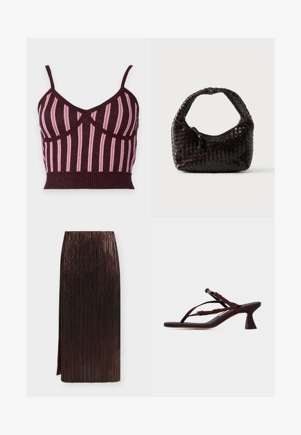 Burgundy strikket crop top med tynde stropper, der har vertikale lyserøde metalliske striber og en ribbet kant. Struktureret stof med definerede sømme.; Mørkebrun metallisk plisseret midi-nederdel med høj talje og sideslids på en ensartet lys baggrund.; Mørkerød sandal med hæl, stropper og justerbare spænder samt en udvidet mellemhøj hæl på en flad overflade.; Vævet læderhåndtaske i mørkebrun, rund form med et tykt flettet håndtag. Har lynlåslukning og diskret branding på siden.