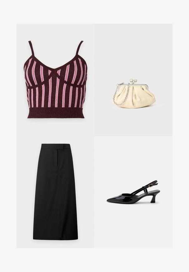 Burgundy strikket crop top med tynde stropper, der har vertikale lyserøde metalliske striber og en ribbet kant. Struktureret stof med definerede sømme.; Sort midi nederdel med høj talje, ren front, diskret sømdetalje og lige kant mod en lys baggrund.; Sort laklæderslingback med lille hæl, spids tå og justerbar guldlåsrem på hvid baggrund.; Plisseret beige læderclutch med en sølvmetalramme, der har to runde dekorative låse og en sølvkædetrasporte.
