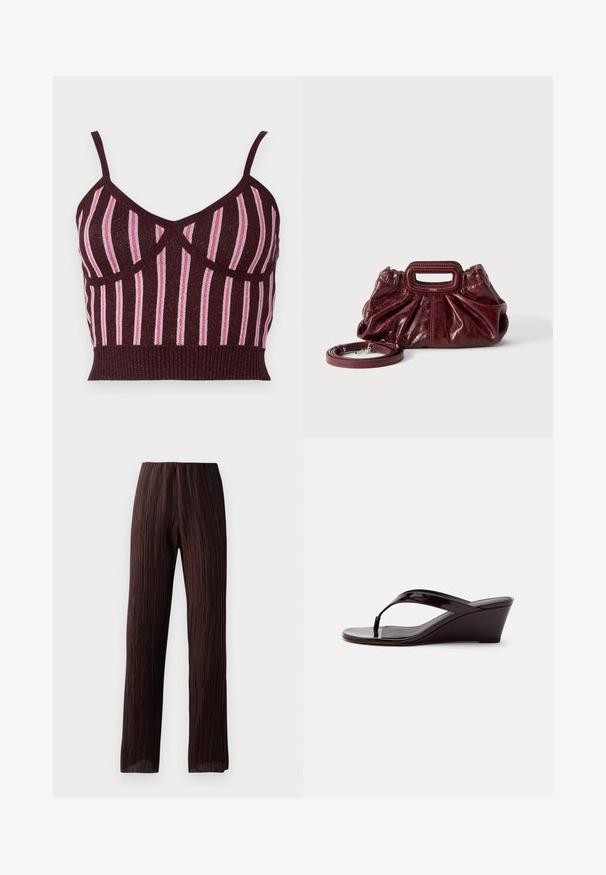 Burgundy strikket crop top med tynde stropper, der har vertikale lyserøde metalliske striber og en ribbet kant. Struktureret stof med definerede sømme.; Brune brede bukser med plisseret tekstur, høj talje og et flydende design. Fremstillet af letvægtsstof. Ingen synlige lukninger.; Brun patentlæder kile-sandal med tåremme og åben tå, vist i sideprofil på en ensfarvet baggrund.; Lille mørkerød læderhåndtaske med opsamlet struktur, rektangulært håndudskåret håndtag og aftagelig skulderrem på hvid baggrund.