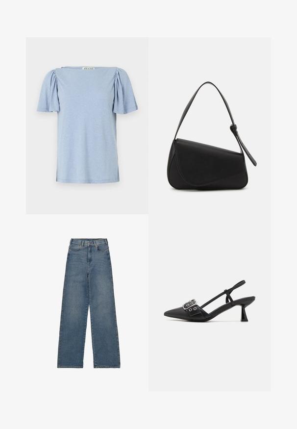 Lichtblauw T-shirt met korte mouwen, poffende mouwen en een vierkante halslijn. Gemaakt van zacht materiaal met een licht gestructureerde afwerking.; Hoge taille, wijde spijkerbroeken in mediumblauwe denim. Voorzien van vijf zakken, een voorknopsluiting en contrasterende stiksels.; Simmi London DALA - Klassieke pumps - black; Zwart leren handtas met een driehoekige vorm, schuine klep en een ronde handgreep. Heeft een gladde textuur en minimalistische ontwerpelementen.