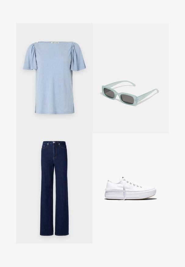 Hellblaues Kurzarmoberteil mit puffigen Ärmeln und quadratischem Ausschnitt. Hergestellt aus weichem Material mit einer leicht strukturierten Oberfläche.; Dunkelblaue Denim-Jeans mit hoher Taille, weitem Bein und klassischem Fünf-Taschen-Design. Abgerundet mit kontrastierenden Nähten und einem Metallknopf.; Weißer Canvas-Sneaker mit niedrigem Schnitt, dicker Plateau-Sohle, vorderer Schnürung und rauer Gummikappe an der Spitze, aus seitlicher Ansicht gezeigt.; Ein Paar rechteckige Sonnenbrillen mit lichtblauen, halbtransparenten Rahmen und dunkelgrauen Gläsern, ausgestattet mit geraden Bügeln und minimalen Hardware-Details.