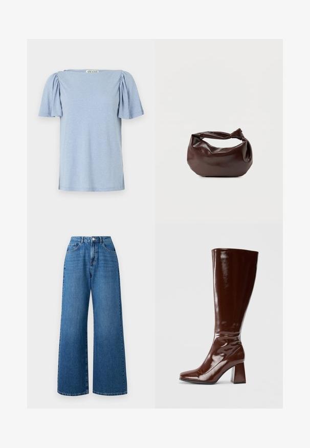 Lichtblauw T-shirt met korte mouwen, poffende mouwen en een vierkante halslijn. Gemaakt van zacht materiaal met een licht gestructureerde afwerking.; Brede blauwe denim jeans met een hoge taille, voorzien van een vijf-pocketdesign, een sluiting met een knoop aan de voorkant en subtiele vervaging op de stof.; Kniehoge bruine laarzen van gepatenteerd leer met een vierkante neus, glanzende afwerking en een chunky hak voor stabiliteit. Naadloos ontwerp zonder zichtbare hardware.; Donkerbruine leren schoudertas met een zachte, slungelige vorm en een gedraaide knoopvormige handgreep op een effen witte achtergrond.