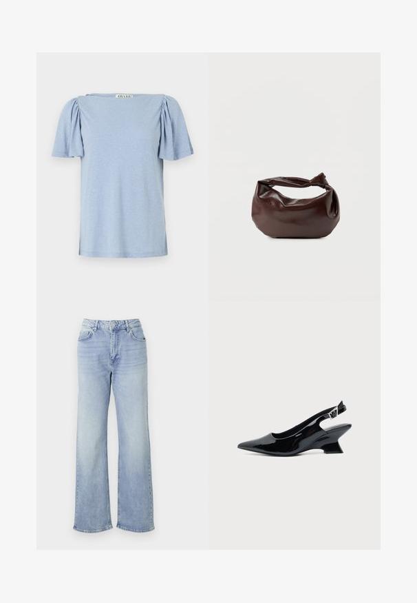Hellblaues Kurzarmoberteil mit puffigen Ärmeln und quadratischem Ausschnitt. Hergestellt aus weichem Material mit einer leicht strukturierten Oberfläche.; Helle blaue Wide-Leg-Jeans aus Denim, mit hohem Bund, fünf Taschen und einem Saum mit dezenten Fransen.; Schwarzer Slingback-Schuh aus Lackleder mit spitzer Spitze und niedrigem, schrägem Blockabsatz auf einfachem hellem Hintergrund.; Dunkelbraune Lederschultertasche mit weicher, lockerer Form und einem gedrehten Knotengriff vor schlichtem weißem Hintergrund.