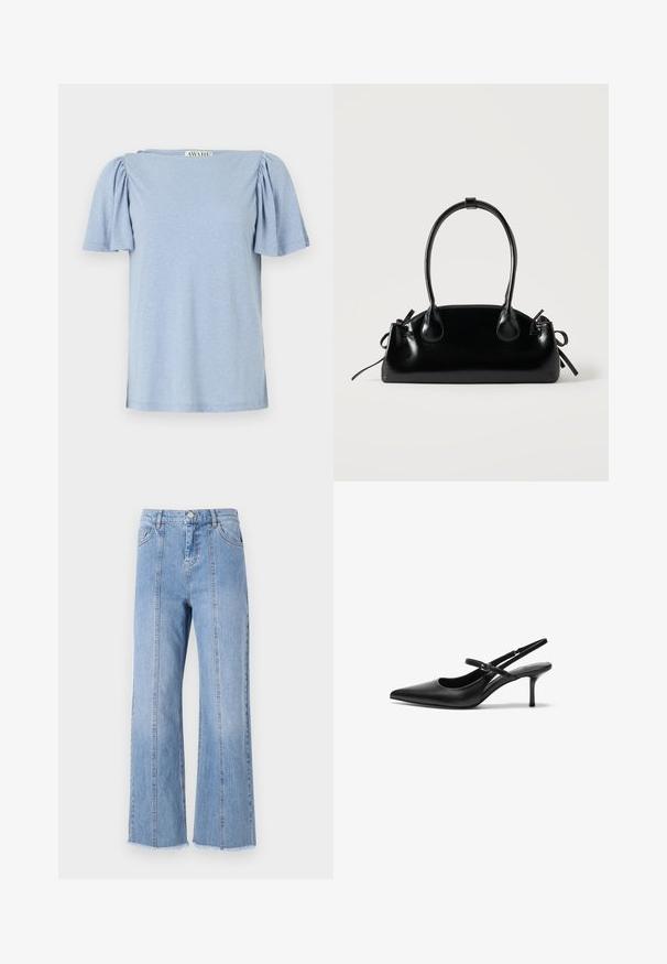 Lichtblauw T-shirt met korte mouwen, poffende mouwen en een vierkante halslijn. Gemaakt van zacht materiaal met een licht gestructureerde afwerking.; Lichtblauwe denim wijdlopende jeans met een hoge taille, voornaad en onbewerkte zoom. Voorzien van een klassieke knoop- en ritsluiting in de taille.; Zwarte leren slingback hakken met een puntige neus, slanke verstelbare band en een ongeveer 5 cm hoge stiletto hak, met een gladde textuur.; Kleine zwarte glanzende handtas met twee lange hengsels en zijkant trekkoord details op een effen lichte achtergrond.