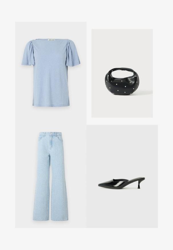 Heled sinine lühikeste varrukatega topp, millel on puffed varrukad ja ruudukujuline dekoltee. Valmistatud pehmest materjalist, millel on kergelt tekstureeritud viimistlus.; Heledad sinised denim laiad püksid kõrge vöökoht, nupuluku ja viie taskuga, kerge kulumisefektiga.; Mustad nahast mustad muulid terava varbaga, madala kitin-kandaga ja kõverate külgedega, millel on läikiv viimistlus ja minimalistlik disain.; Mustast nahast ümmarguse kujuga käekott, kaunistatud hõbedaste naeladega, lühikese sangaga. Sile tekstuur ja tõmblukuga sulgemine.