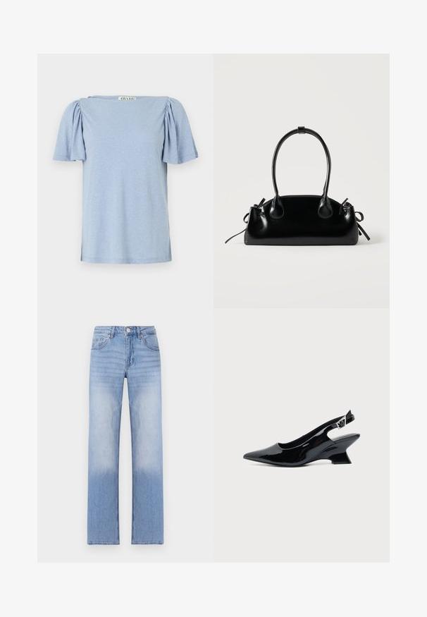 Lichtblauw T-shirt met korte mouwen, poffende mouwen en een vierkante halslijn. Gemaakt van zacht materiaal met een licht gestructureerde afwerking.; Lichtblauwe denim jeans met een rechte pijpdesign, kenmerkend door een vervaagde was aan de onderste helft en klassieke vijf-pocketstyling.; Zwarte lakleren slingback schoen met spitse neus en lage schuine blokhak op een effen lichte achtergrond.; Kleine zwarte glanzende handtas met twee lange hengsels en zijkant trekkoord details op een effen lichte achtergrond.