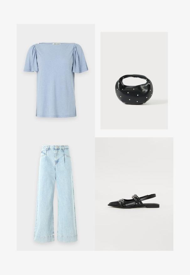 Lichtblauw T-shirt met korte mouwen, poffende mouwen en een vierkante halslijn. Gemaakt van zacht materiaal met een licht gestructureerde afwerking.; Lichtblauwe wijde jeans gemaakt van denim, met een hoge taille, voorzakken en gestikte accenten aan de zoom.; Even&Odd by Zalando Slingback ballerina´s - black; Zwarte leren handtas met een afgeronde vorm, versierd met zilveren studs, en een korte handgreep. Gladde textuur en ritsluiting.