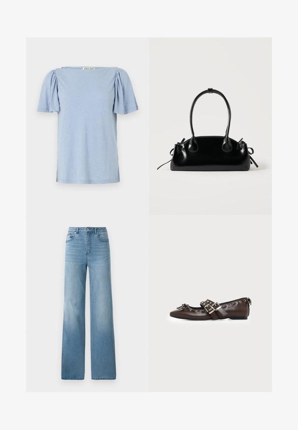 Lichtblauw T-shirt met korte mouwen, poffende mouwen en een vierkante halslijn. Gemaakt van zacht materiaal met een licht gestructureerde afwerking.; Lichtblauwe high-waisted jeans met een rechte pasvorm. Gemaakt van denim, met vijf zakken en een knoopsluiting.; Donkerbruine leren platte schoen met puntige neus, dubbele zilveren gespsluitingen, metalen klinknagels en een decoratief strikje aan de voorkant.; Kleine zwarte glanzende handtas met twee lange hengsels en zijkant trekkoord details op een effen lichte achtergrond.