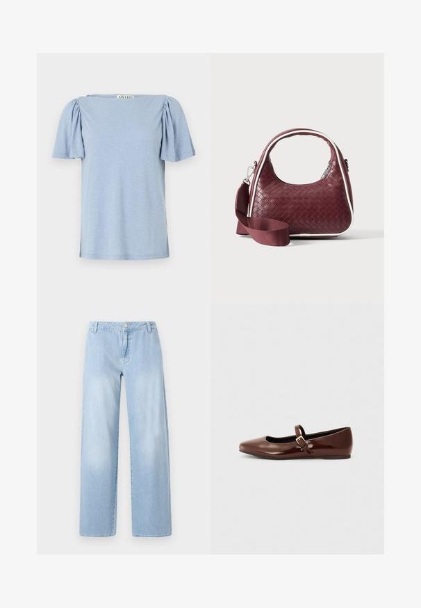 Lichtblauw T-shirt met korte mouwen, poffende mouwen en een vierkante halslijn. Gemaakt van zacht materiaal met een licht gestructureerde afwerking.; Lichtblauwe wijdvallende jeans van denim, met een knoopsluiting, vijfzakkenontwerp en een losse pasvorm met rechte zomen.; Bruine gepatineerde leren balletschoen met een vierkante neus en een bandje met een kleine gouden gesp. Gladde textuur, lage hak en minimalistisch ontwerp.; Donkerrode geweven leren handtas met gebogen handvat, witte bies, zilveren rits en afneembare brede stoffen schouderriem tegen een effen achtergrond.