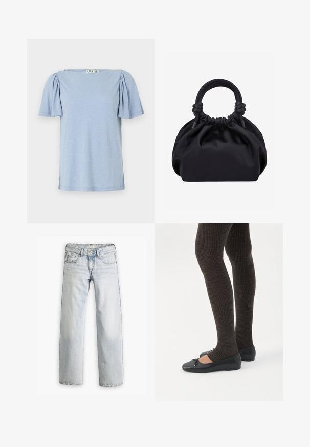 Blusa corta de manga corta en azul claro con mangas abullonadas y escote cuadrado. Elaborada con un material suave con un acabado ligeramente texturizado.; Jeans de mezclilla azul claro con un ajuste relajado, cintura alta y diseño de cinco bolsillos. Presentan detalles de costura y un cierre de botón.; Piernas con leggings oscuros acanalados combinados con bailarinas negras que presentan pequeños detalles de lazo sobre un fondo blanco.; Bolso de mano de tela negra suave con parte superior fruncida y asas acolchadas circulares atadas con nudos a cada lado.