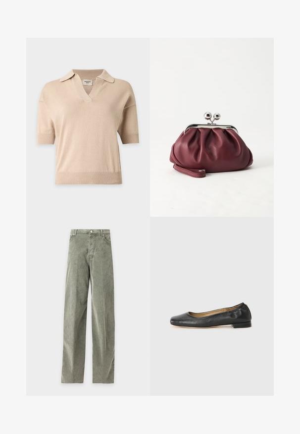 Beige short-sleeve knit sweater with a ribbed hem and cuffs, open collar, and V-neckline.; Green corduroy straight-leg pants with front button and zipper, belt loops, and side and back pockets, shown flat on a plain background.; Black leather ballet flats with a rounded toe and minimal stitching. Low, rectangular heel and smooth texture. Subtle interior lining detail.; Small burgundy leather clutch purse with silver metal clasp and wrist strap on a white background.