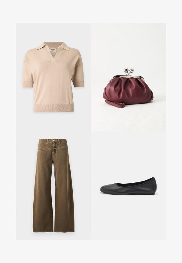 Pull en maille beige à manches courtes avec ourlet et poignets côtelés, col ouvert et encolure en V.; Pantalon marron taille haute à jambes larges avec bouton devant, passants de ceinture, et coutures visibles sur fond clair.; Ballerines en cuir noir avec un bout rond, texture lisse, détails de couture minimalistes et design de semelle flexible.; Petit sac pochette en cuir bordeaux avec fermoir métallique argenté et bracelet sur fond blanc.