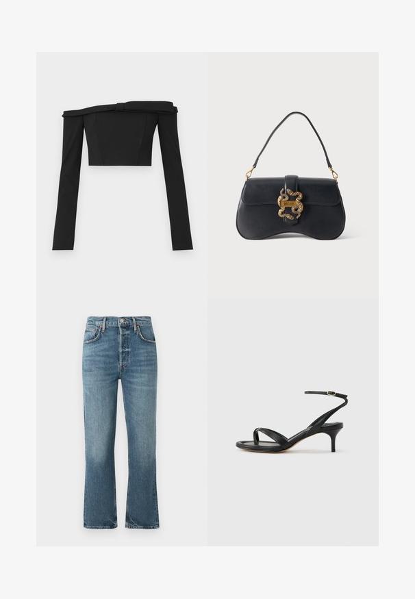 Haut court noir à épaules dénudées avec des manches longues, présentant un design structuré et des détails en nœud au niveau du col, fabriqué en tissu lisse.; Jean en denim bleu clair avec taille haute, design à jambe droite et décoloration subtile. Présente un style classique à cinq poches et une fermeture à bouton en métal.; Sandale pour femme en cuir noir avec fines lanières, une boucle d'orteil, une boucle à la cheville et un talon aiguille de hauteur moyenne sur un fond neutre.; Sac à main en cuir noir à forme incurvée, avec une anse unique et un fermoir doré en forme de serpent portant l'étiquette "Just Cavalli" sur un fond uni.