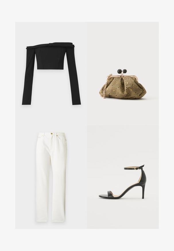 Haut court noir à épaules dénudées avec des manches longues, présentant un design structuré et des détails en nœud au niveau du col, fabriqué en tissu lisse.; Pantalons en denim blanc avec une coupe droite, dotés d'une fermeture à bouton sur le devant et d'une texture subtile. Comprend des poches latérales et un matériel minimal.; Sandale à talons hauts en cuir noir avec une lanière de cheville. Présente une texture lisse, un bout ouvert et un talon fin. Détail de boucle en ton doré.; Petite pochette avec motif géométrique doré et noir, cadre en métal doré, fermeture à boule noire et une courte chaîne dorée.