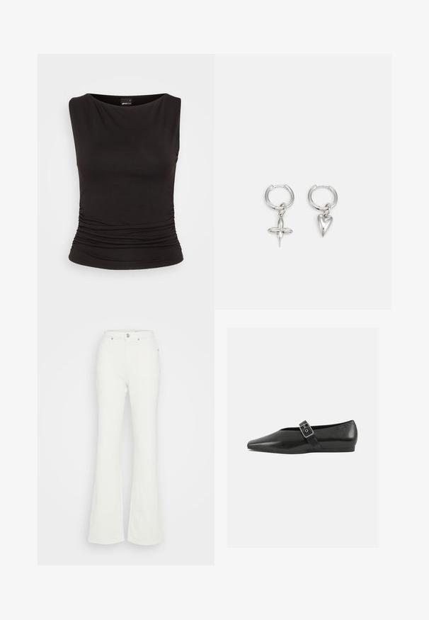 Schwarzes ärmelloses Top aus dehnbarem Stoff, mit einem Bootsausschnitt und gerafften Details an der Taille, das eine taillierte Silhouette bietet.; Weiße ausgestellte Jeans aus Baumwoll-Denim, mit hoher Taille, Knopfverschluss und vier Taschen sowie einer glatten Textur.; Schwarze Lederflachschuhe mit spitzem Zehenbereich, ausgestattet mit einem metallischen Riemen über dem Spann und einer niedrigen, flexiblen Sohle.; Silberne Creolen mit einem Kreuz- und Herz-Anhänger. Glatte, glänzende Textur mit polierter Oberfläche. Jeder Anhänger hängt an einem sicheren Ring.