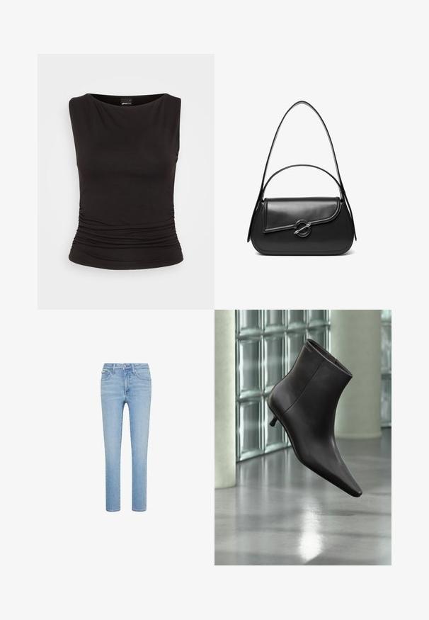 Schwarzes ärmelloses Top aus dehnbarem Stoff, mit einem Bootsausschnitt und gerafften Details an der Taille, das eine taillierte Silhouette bietet.; Hellblaue Denim-Jeans, gerade geschnitten, im Fünf-Taschen-Stil, mit vorderer Knopf- und Reißverschlussöffnung, mit dezenten Verwaschungen und Nahtdetails.; Schwarzer Leder-Knöchelstiefel mit spitzer Spitze und kleinem Absatz vor einer Wand aus Glasbausteinen und einem polierten Boden.; Schwarze Lederschultertasche mit einer geschwungenen Klappe, die durch einen runden Metallverschluss gesichert ist, und einem schlanken, verstellbaren Riemen.