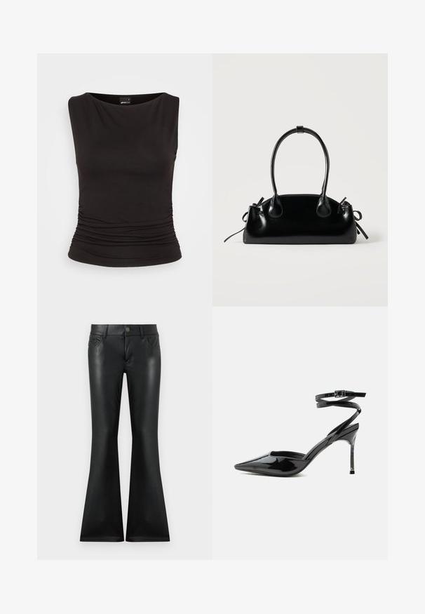 Schwarzes ärmelloses Top aus dehnbarem Stoff, mit einem Bootsausschnitt und gerafften Details an der Taille, das eine taillierte Silhouette bietet.; Schwarze ausgestellte Hose aus glattem, glänzendem Material. Verfügt über ein Fünf-Taschen-Design, vordere Knopfverschluss und dezente kontrastierende Nähte.; Schwarzer Lackleder-Pumps mit spitzer Spitze, dünnen Knöchelriemen und kleiner Schnalle.; Kleine schwarze glänzende Handtasche mit zwei langen Griffen und seitlichen Kordelzug-Details vor einfachem hellem Hintergrund.