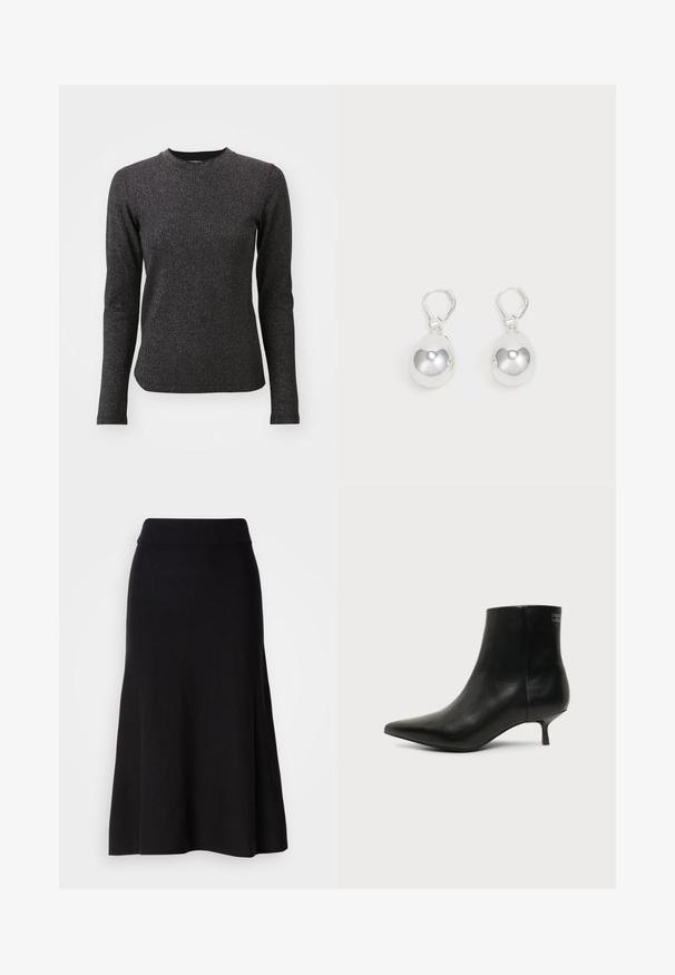 Camiseta negra de manga larga con cuello redondo, confeccionada en una tela texturizada y brillante. El diseño es ajustado e incluye hilos reflectantes sutiles.; Falda de punto negra acampanada con una cinturilla ancha, de longitud midi, textura suave y sin patrones visibles ni detalles de hardware.; Botín de piel negra con puntera puntiaguda y tacón bajo estilo kitten sobre fondo claro, mostrando vista lateral exterior.; Pendientes de plata en forma de gota con superficies redondas y reflectantes colgando de cierres de palanca. El fondo es blanco liso.