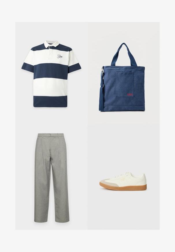 Polo manches courtes avec larges rayures horizontales bleu marine et blanches et logo "Gap" brodé sur la poitrine gauche.; Pantalons gris sur mesure en tissu texturé, avec une coupe droite, des plis avant et une taille standard avec passants de ceinture.; Baskets en cuir blanc avec une coque beige et une semelle en caoutchouc marron clair. Dotées de lacets blancs plats et d'un logo embossé sur le côté.; Sac fourre-tout en toile bleue avec poche frontale et broderie rouge "O.N.S", doté de doubles poignées et d'une bandoulière réglable.