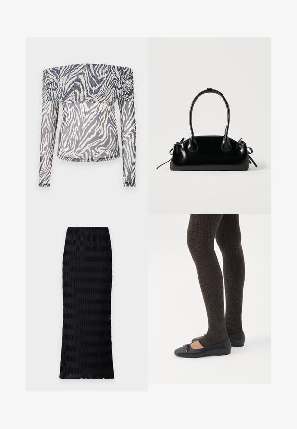 Off-shoulder langærmet top lavet af gennemsigtigt stof med et sort-hvidt zebramønster og rynkede detaljer ved halsudskæringen.; Sort, knælang nederdel med et tekstureret, plisseret design. Elastisk talje, glat stof med skiftende matte og blanke striber.; Ben iført mørke ribbede leggings kombineret med sorte balletsko med små sløjfedetaljer på hvid baggrund.; Lille sort blank håndtaske med to lange håndtag og snøre-detaljer i siden på en ensfarvet lys baggrund.