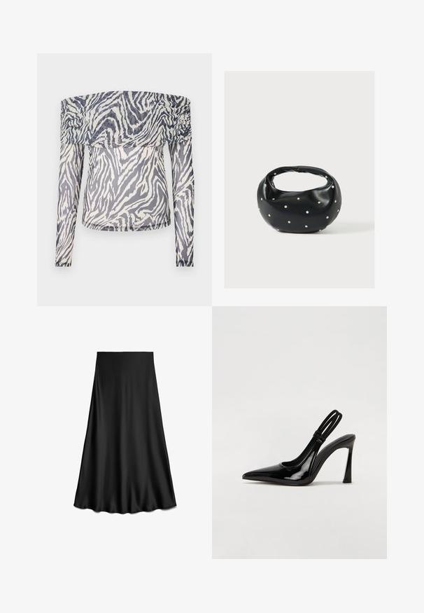 Off-shoulder langærmet top lavet af gennemsigtigt stof med et sort-hvidt zebramønster og rynkede detaljer ved halsudskæringen.; Sort A-formet satin nederdel med glat tekstur og flydende kant, knælængde, vist på hvid baggrund.; Sorte patenterede lædersædler med spidse tæer, slank høj hæl og dobbelt elastisk rem for sikker pasform. Glat, skinnende overflade.; Sort læderhåndtaske med en rundet form, dekoreret med sølvnitter, og et kort håndtag. Glat tekstur og lynlåslukning.