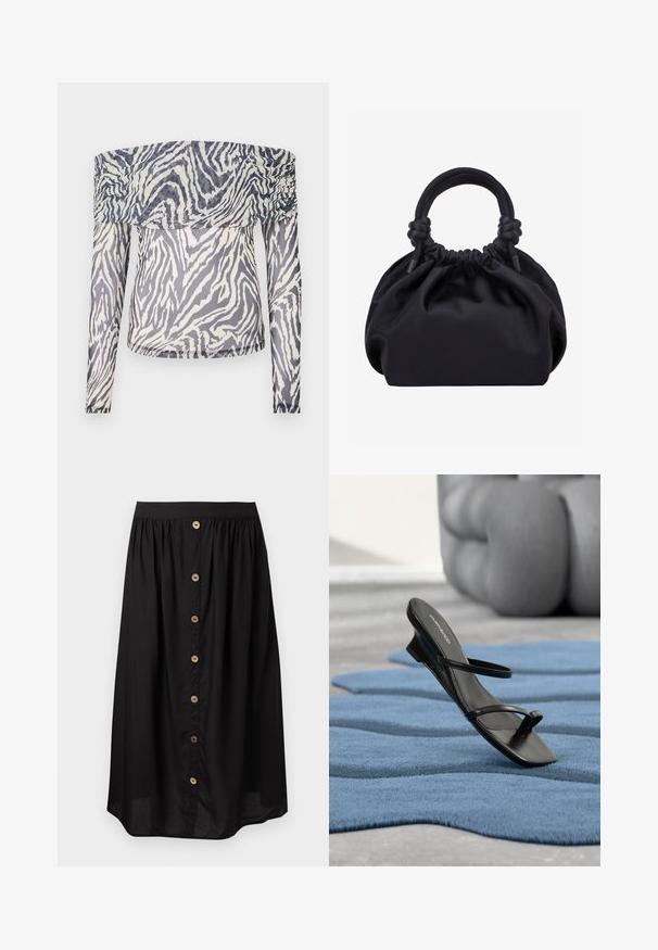 Off-shoulder langærmet top lavet af gennemsigtigt stof med et sort-hvidt zebramønster og rynkede detaljer ved halsudskæringen.; Sort midinederdel med høj talje, frontknaplukning med syv runde beige knapper og rynket stof under linningen.; Sort sandal med remme og tå-loop vist på et blåt tekstureret tæppe, med en stor grå dekorativ genstand sløret i baggrunden.; Sort blød stofhåndtaske med samlet top og cirkulære polstrede håndtag bundet med knuder på hver side.