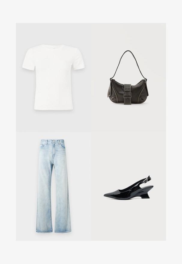 T-shirt blanc à manches courtes en tissu de coton doux. Présente un motif de petits points discret et un col rond, avec une coupe ajustée et une texture côtelée.; Jean évasé en denim bleu clair avec une taille haute, des poches avant et une fermeture par bouton. Fini délavé avec une texture lisse et des bords ourlés.; Chaussure slingback en cuir verni noir avec bout pointu et petit talon bloc incliné sur fond clair uni.; Sac à épaule en cuir noir avec une sangle à boucle, des bords arrondis et des coutures blanches contrastées sur un fond uni.