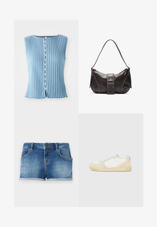 Lyseblå, ærmeløs bluse med vertikal ribbet tekstur og rund halsudskæring. Har hvide knapper ned af fronten og en let split i kanten.; Blå denimshorts med frontknap, bæltestropper, forlommer og opsmøgede kanter mod en ensfarvet lys baggrund.; Hvid og beige sneaker med en overdel i ruskind og tekstil, med kontrastsyninger, en gummisål og en lyseblå detalje på hælen.; Brun læder skuldertaske med en buet form, der har et fremtrædende spænde, kontrasterende syninger og en enkelt skulderrem.