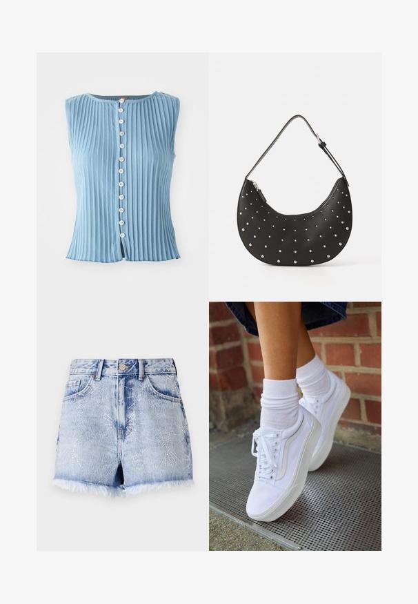 Haut sans manches bleu clair avec une texture à côtes verticales et un col rond. Présente des boutons blancs sur le devant et une légère fente à l'ourlet.; Shorts en denim bleu clair avec un ourlet effiloché. Décorés de clous argentés en motifs d'explosion d'étoiles et dotés d'un design classique à cinq poches.; Baskets en toile blanches avec semelles en caoutchouc, dotées de six œillets, d'un bout rond et de détails de couture légers, portées avec des chaussettes blanches mi-mollet.; Sac à main en cuir noir avec une forme arrondie, orné de clous en argent, doté d'une fermeture éclair et d'une seule sangle ajustable.
