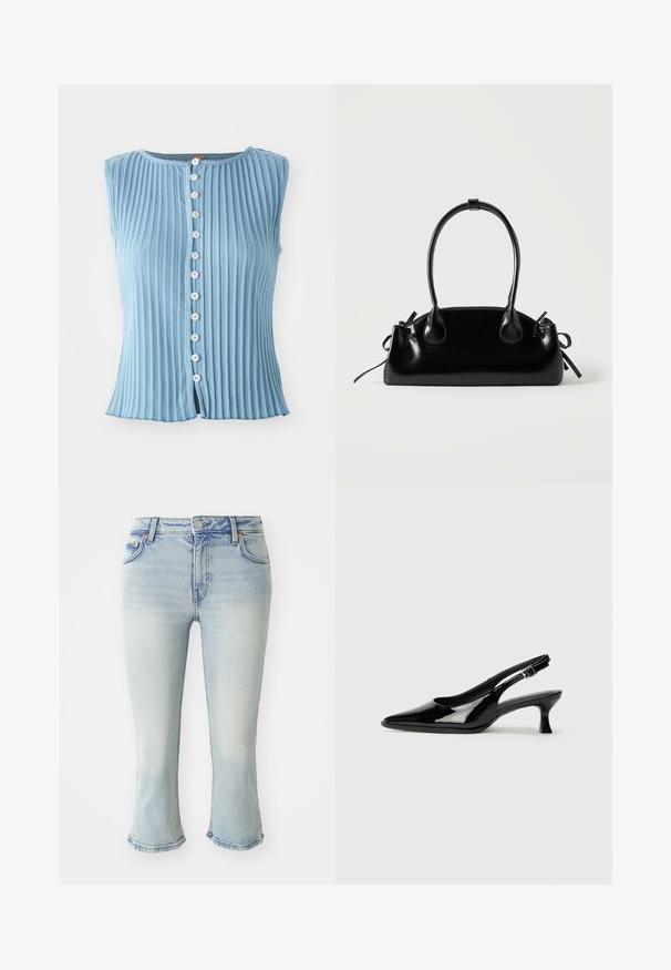 Haut sans manches bleu clair avec une texture à côtes verticales et un col rond. Présente des boutons blancs sur le devant et une légère fente à l'ourlet.; Jean en denim bleu clair avec une silhouette ajustée, un ourlet évasé et une taille mi-haute. Décoloration subtile et design classique à cinq poches.; Escarpins en cuir verni noir avec un bout pointu et un petit talon carré. Sangle réglable à la cheville avec boucle.; Petit sac à main noir brillant avec deux longues anses et des détails à cordon sur les côtés sur un fond clair uni.