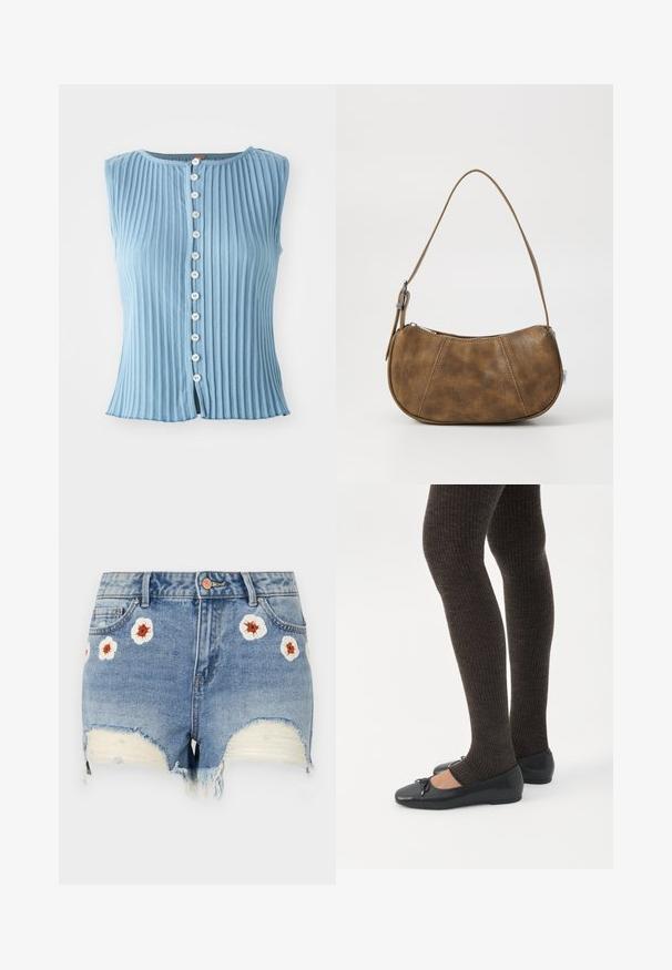 Lyseblå, ærmeløs bluse med vertikal ribbet tekstur og rund halsudskæring. Har hvide knapper ned af fronten og en let split i kanten.; Denimshorts med en frynset kant, lys blå farve, med blomsterbroderi i hvid og brun rundt om fronten. Fem-lommers design.; Ben iført mørke ribbede leggings kombineret med sorte balletsko med små sløjfedetaljer på hvid baggrund.; Brun faux læder skuldertaske med en buet form, en enkelt strop, kontrasterende syninger og en lynlåslukning langs den øverste kant.