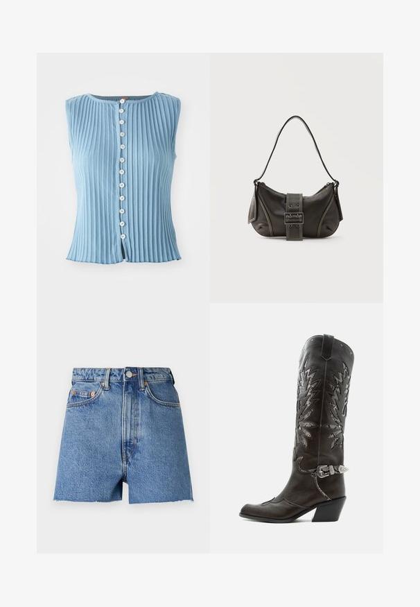 Haut sans manches bleu clair avec une texture à côtes verticales et un col rond. Présente des boutons blancs sur le devant et une légère fente à l'ourlet.; Shorts en denim bleu clair avec taille haute, ourlet effiloché et quincaillerie en cuivre. Comprend deux poches avant et un design classique à cinq poches.; Botte de cowboy en cuir noir avec découpes décoratives, boucle argentée et talon incliné, présentée sur fond blanc.; Sac à épaule en cuir noir avec une sangle à boucle, des bords arrondis et des coutures blanches contrastées sur un fond uni.