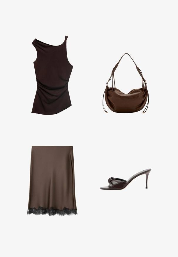 Top asymétrique marron avec une épaule, texture froncée d'un côté et finis lisse sur l'ensemble. Tissu doux et extensible.; Jupe en satin marron avec un bord en dentelle noire à l'ourlet. Le tissu est lisse et la coupe est droite, longueur jusqu'au genou.; Mule en cuir marron foncé à talon haut avec un bout ouvert et un détail de nœud sur la bride avant.; Sac à bandoulière en cuir marron avec une forme incurvée, une bandoulière réglable et des pompons en cuir décoratifs de chaque côté.