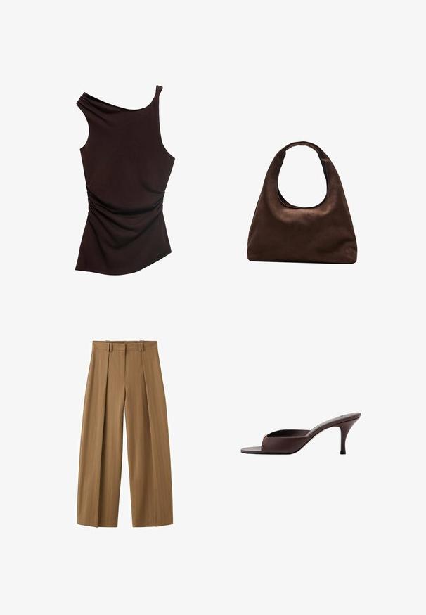 Top asymétrique marron avec une épaule, texture froncée d'un côté et finis lisse sur l'ensemble. Tissu doux et extensible.; Pantalon marron taille haute à jambes larges avec fines rayures, plis sur le devant, passants pour ceinture et fermeture éclair dissimulée sur le devant.; Mule marron foncé à bout ouvert, talon bas incurvé et large bride sur l'avant.; Sac à main en toile marron doux de style hobo avec une large sangle unique et une ouverture en haut arrondie, présenté sur un fond blanc.