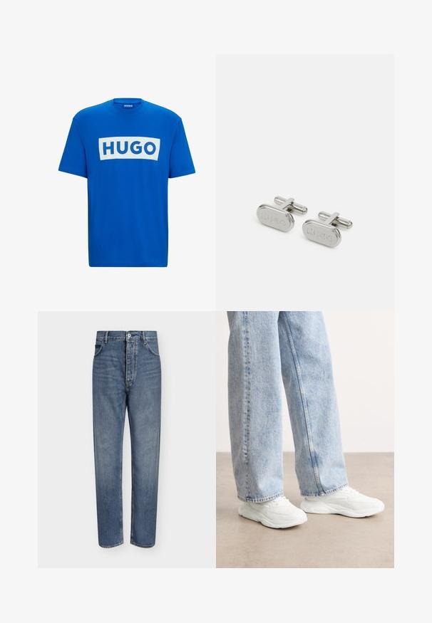 Blaues Baumwoll-T-Shirt mit einem großen weißen rechteckigen Grafikdesign, auf dem der Text "HUGO" in fetten blauen Buchstaben steht. Klassischer runder Ausschnitt und kurze Ärmel.; Gerade geschnittene blaue Jeans aus Denim mit hoher Taille, Frontknopfverschluss und Fünf-Taschen-Design auf einem schlichten hellen Hintergrund.; Weiße Sportsneaker mit einem glatten, geformten Design und strukturierten Sohlen, kombiniert mit hellblauen, locker sitzenden Jeans.; Silberne Manschettenknöpfe in ovaler Form, die ein erhabenes "HUGO"-Logo zeigen. Hergestellt aus poliertem Metall, haben sie ein minimalistisches Design und eine glatte Textur.