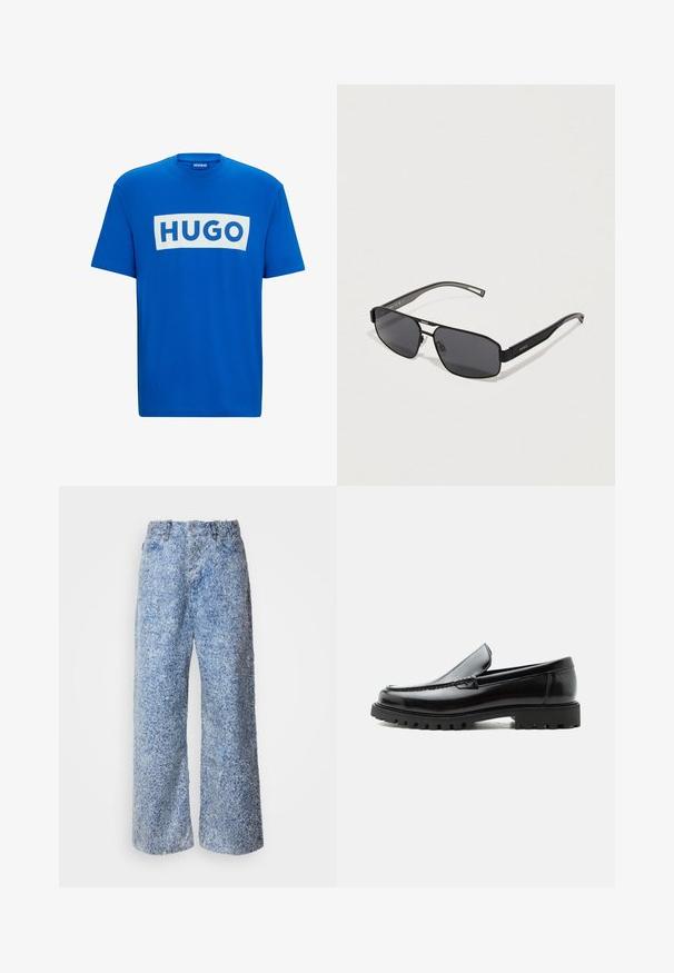 Blaues Baumwoll-T-Shirt mit einem großen weißen rechteckigen Grafikdesign, auf dem der Text "HUGO" in fetten blauen Buchstaben steht. Klassischer runder Ausschnitt und kurze Ärmel.; Flauschige blaue weit geschnittene Jeans mit strukturiertem Finish, die einen traditionellen Bund und vier Taschen aufweisen, sowie einen Vorderknopf und einen Reißverschluss.; Schwarzer Lederloafer mit grober Gummisohle, genähter Oberseite und geprägtem Markennamen an der Ferse, seitlich auf weißem Hintergrund gezeigt.; Schwarze rechteckige Sonnenbrille mit dunklen Gläsern, ausgestattet mit einem eleganten Kunststoffrahmen und dezentem "HUGO"-Branding an den Bügeln.