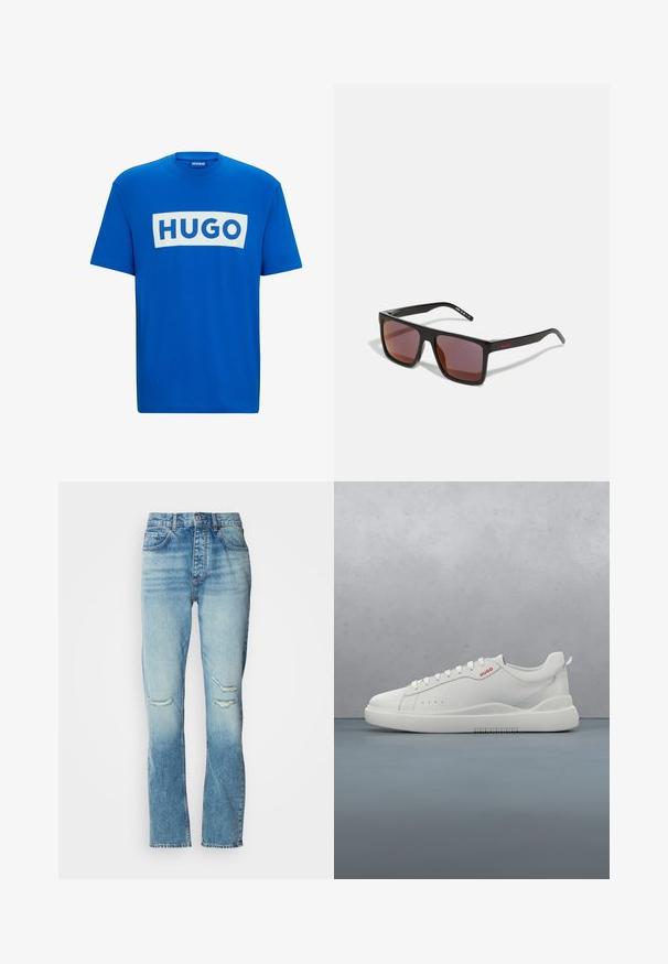 Blaues Baumwoll-T-Shirt mit einem großen weißen rechteckigen Grafikdesign, auf dem der Text "HUGO" in fetten blauen Buchstaben steht. Klassischer runder Ausschnitt und kurze Ärmel.; Damen Jeans in mittelhoher Taillenhöhe, blauer Farbton mit dezenter Waschung, zerstörte Stellen an beiden Knien, gerade Beinform und klassisches Fünf-Taschen-Design.; Weiße Sneaker aus glattem Leder, runde Spitze, vier Ösen, dezente Perforationen und ein rotes Logodetail an der Seite.; Schwarze rechteckige Sonnenbrille mit dunkelroten Gläsern, mit matter Oberfläche und rotem Logo am Bügel. Robuster Kunststoffrahmen.