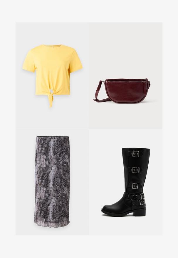 T-shirt court jaune à manches courtes avec un nœud noué devant et un col rond sur fond blanc.; Jupe crayon en imprimé serpent noir et gris avec un tissu transparent et texturé. Comprend un ourlet en forme de vagues et des détails au niveau du bord supérieur.; Botte en cuir noire mi-mollet avec quatre boucles métalliques réglables et un petit talon bloc sur fond blanc.; Sac à main en cuir marron foncé avec une forme en demi-lune, une fermeture éclair et une bandoulière amovible. Texture lisse avec un léger éclat.