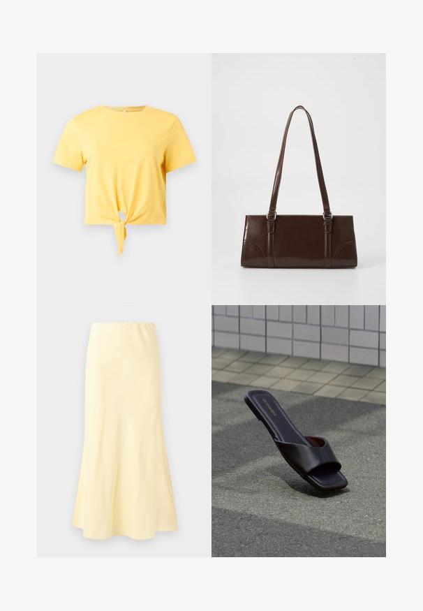 T-shirt court jaune à manches courtes avec un nœud noué devant et un col rond sur fond blanc.; Jupe longue jaune pâle avec un léger évasement en bas, présentant une texture lisse et une taille élastique.; Sandale slide marron foncé à bout carré et large bride, posée sur un goudron gris près d'un trottoir carrelé.; Sac à main en cuir verni marron de forme rectangulaire, avec deux longues poignées et des accents courbés subtils à l'avant.