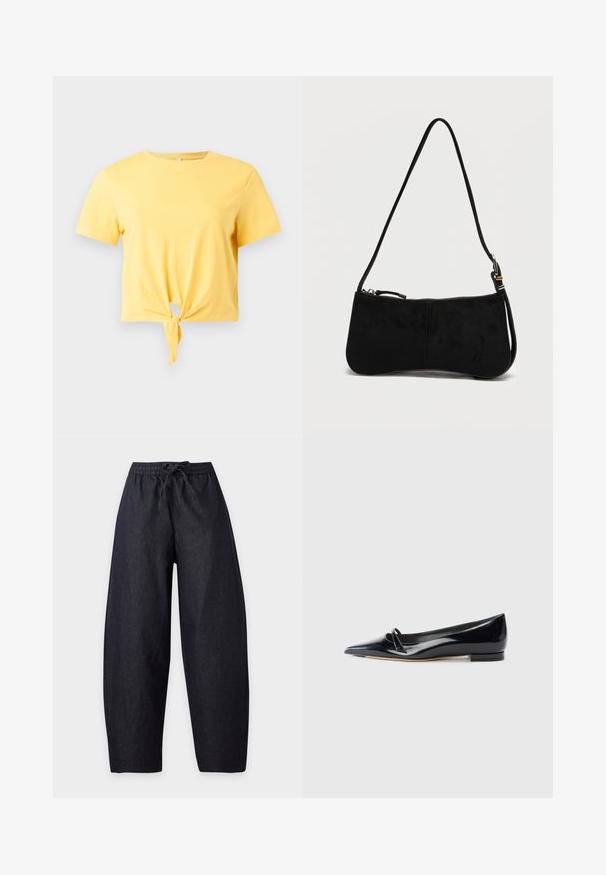 T-shirt court jaune à manches courtes avec un nœud noué devant et un col rond sur fond blanc.; Pantalon large bleu marine foncé avec taille élastique et cordon, détails des coutures avant, présenté sur fond blanc uni.; Chaussure plate en cuir verni noir avec un bout pointu, une petite lanière décorative et un petit talon carré. Texture lisse et design épuré.; Sac bandoulière en daim noir avec fermeture éclair et une fine sangle réglable sur un fond blanc uni.
