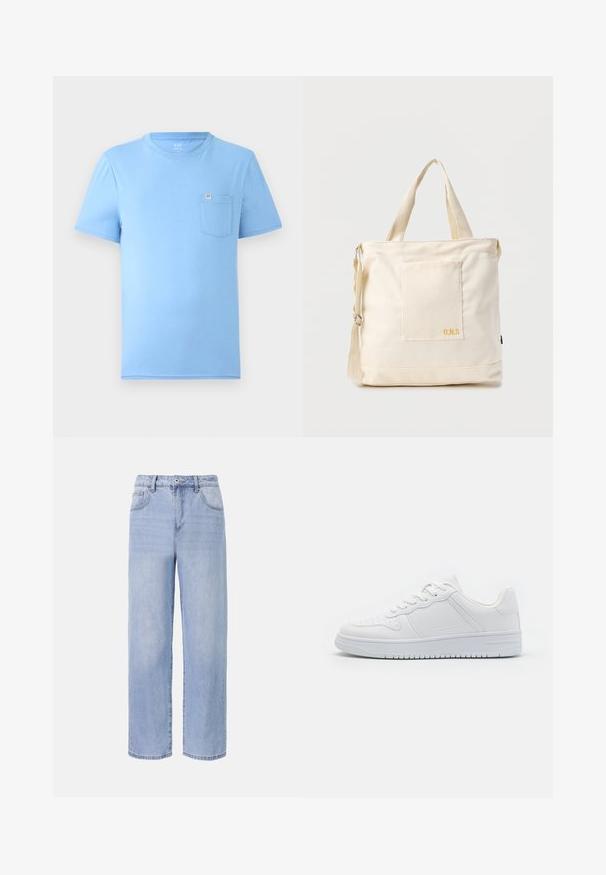 Lyseblå kortærmet T-shirt lavet af blød bomuld. Har rund halsudskæring og en brystlomme med et mærketag. Glat tekstur.; Lyseblå denimjeans med et afslappet, bredbenet design. Funktioner inkluderer fem lommer, en frontknaplukning og diskret falmning.; Hvide sneakers lavet af glat syntetisk materiale, med flade snørebånd, perforeret tå og en gummisål med et tekstureret grebmønster.; Kremfarvet lærredstote-taske med frontlomme, to håndtag, justerbar skulderrem og lille gul "O.N.S" tekst i nederste højre hjørne af lommen.