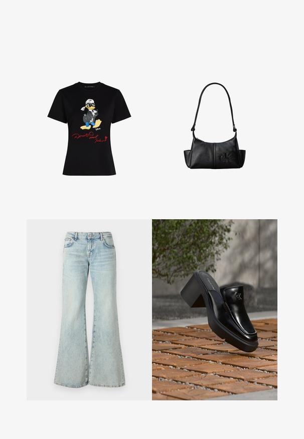 Schwarzes Baumwoll-T-Shirt mit einem bunten Cartoon-Charakter-Graphic und rotem Text "Donald und Karl" auf der Vorderseite. Kurze Ärmel, klassischer Schnitt.; Hellblaue Schlagjeans aus Denim, mit hoher Taille, Taschen und ausgefransten Säumen. Der Stoff hat eine verblasste Waschung und eine subtile Textur.; Schwarze Leder-Slip-on-Mule von Calvin Klein mit Blockabsatz, die auf Holzfliesen im Freien nahe einer grünen Pflanze und einer grauen Wand ruht.; Schwarze Leder-Schultertasche mit langem Träger, Seitentaschen und eingeprägtem Calvin Klein-Logo auf der Vorderseite.