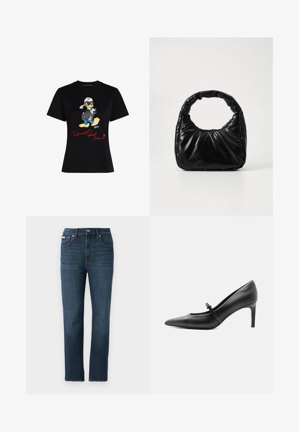 Sort bomulds t-shirt med et farverigt cartoon karaktergrafik og røde tekst "Donald og Karl" på forsiden. Korte ærmer, klassisk pasform.; Mørkeblå denim jeans med lige ben, forlommer, knaplukning og diskret syning på taljebåndet.; Sort læderspids højhælede sko med tynd rem og spænde over vristen, stående på en neutral lys baggrund.; Sort polstret håndtaske med et rundt håndtag, der har en glat, skinnende overflade og en blød, kviltet tekstur. Ingen synlige hardware eller accenter.